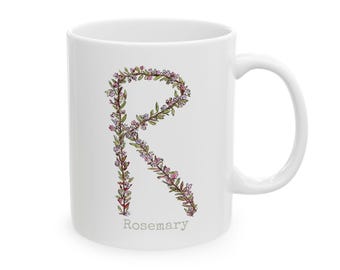 Rosemary Herb Alpha Ceramic Mug, Personalizable (11oz, 15oz)
