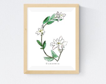 Personalized Watercolor Flower/Herb Alphabet Wall Print | 26 Alphabet Letters to Choose | Two Sizes