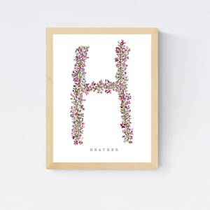 Watercolor Herb Alphabet Wall Print  - Letter &quot;H&quot; for Heather Flower Alphabet Letter - Choose from Other Sizes