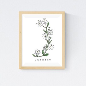 Herb Watercolor Flowering Alphabet Wall Print  - Letter &quot;J&quot; for Jasmine Flower Alphabet Letter - Choose from Other Sizes