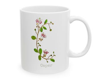 Caper Herb Alpha Ceramic Mug, Personalizable (11oz, 15oz)