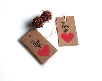 Hand Stamped Heart Gift Tags: Recycled Kraft Paper, Set of 10