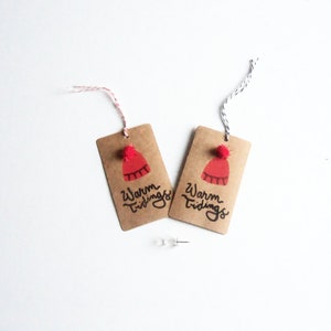 Hand Stamped Kraft Gift Tags: Warm Wishes, Red Knit Hat (Set of 8)