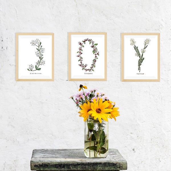RESERVED: Three Initial Botanical Alphabet Letter Watercolor Prints - Blank Under Design