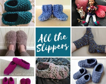 All the Slippers, Crochet Pattern Bundle, chunky yarn, toddler crocheted slippers, adult slipper pattern, tutorial, cozy, quick, hygge, easy