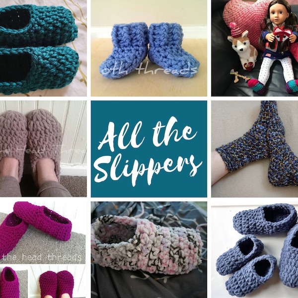 All the Slippers, Crochet Pattern Bundle, chunky yarn, toddler crocheted slippers, adult slipper pattern, tutorial, cozy, quick, hygge, easy