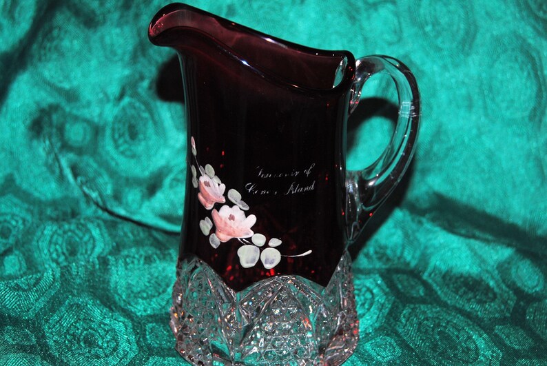 Cranberry Red and Cut Glass clear Pitcher Hand painted with image 1