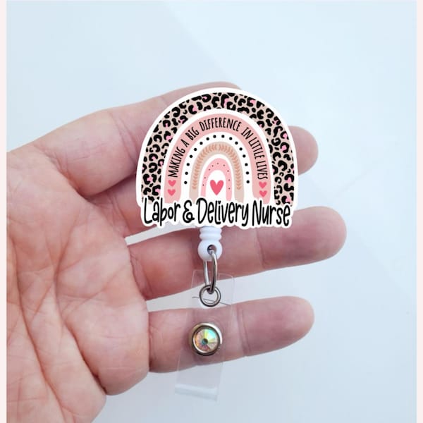 Labor and Delivery Nurse  Badge Reel | Brown Rainbow L&D ID Holder for OB nurses