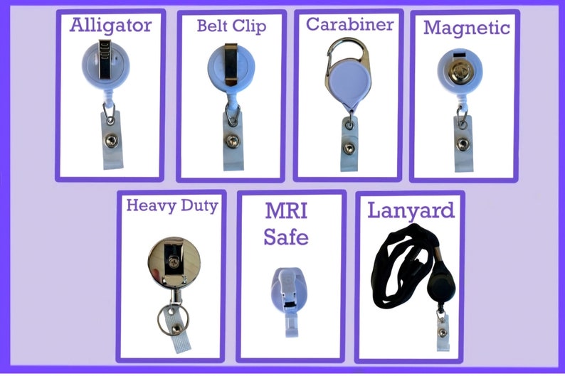 May include: Assortment of retractable badge reels with different attachment styles, including alligator clip, belt clip, carabiner, magnetic, heavy duty, MRI safe, and lanyard.