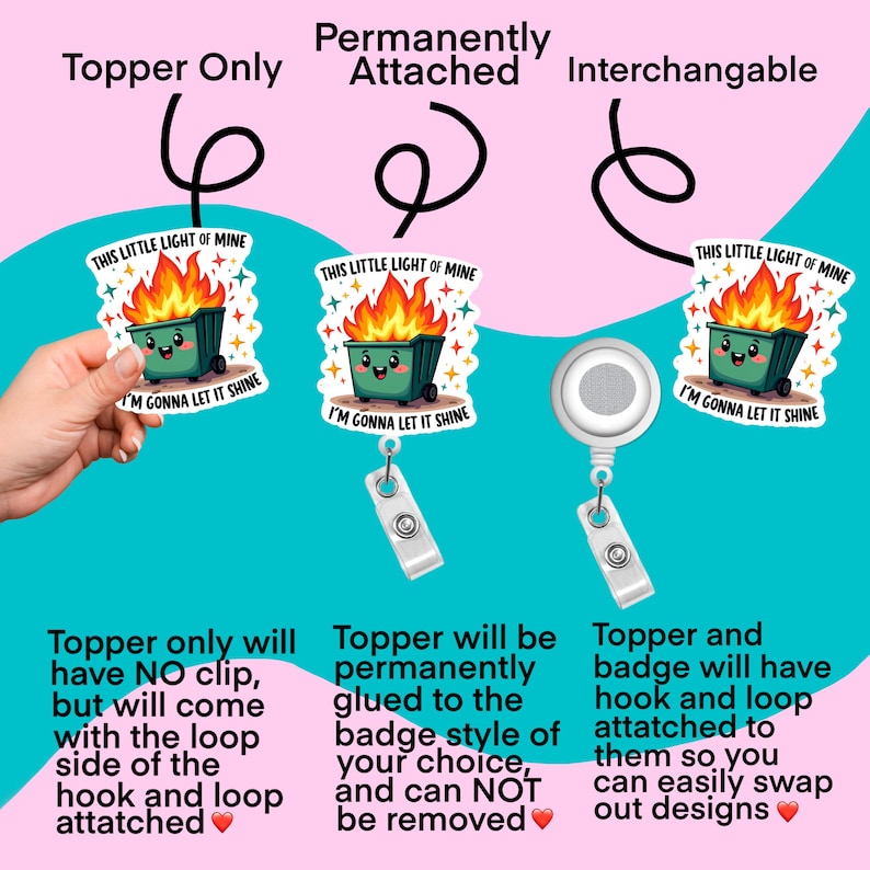 Op de afbeelding: Drie verschillende manieren om een ​​badge te tonen met een cartoon-vuilnisbak met vlammen en de tekst "This little light of mine, I'm gonna let it shine". De eerste optie is een topper die met een haak en lus aan een badge kan worden bevestigd. De tweede optie is een topper die permanent aan de badge wordt gelijmd. De derde optie is een badge met een haak en lus die gemakkelijk kan worden verwisseld met andere ontwerpen.