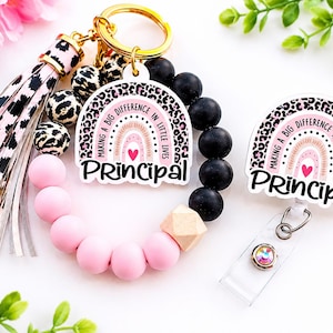 Principal Gift Set | Principal Badge Reel & Beaded Wristlet Keychain | School Administrator Appreciation Gift | Back to School Principal Gif