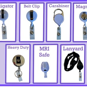 May include: A selection of retractable badge holders, featuring alligator clip, belt clip, carabiner, magnetic, heavy duty, MRI safe, and lanyard styles. The badge holders are all white except for the heavy duty, which is silver, and the lanyard, which is black.
