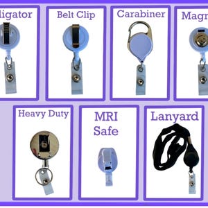 May include: A variety of retractable badge holders with different attachment styles, including alligator clip, belt clip, carabiner, magnetic, heavy duty, MRI safe, and lanyard.