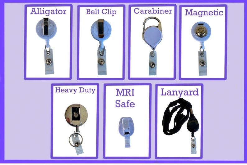 May include: A variety of retractable badge holders with different attachment styles, including alligator clip, belt clip, carabiner, magnetic, heavy duty, MRI safe, and lanyard.