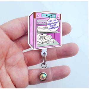 Ask Me About Our Warm Blankets Badge Reel | Funny Badge ID Holder | Heavy Duty Nurse Badge | MRI Safe Badge | Alligator Clip Badge | Gift