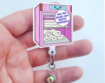 Ask Me About Our Warm Blankets Badge Reel | Funny Badge ID Holder | Heavy Duty Nurse Badge | MRI Safe Badge | Alligator Clip Badge | Gift