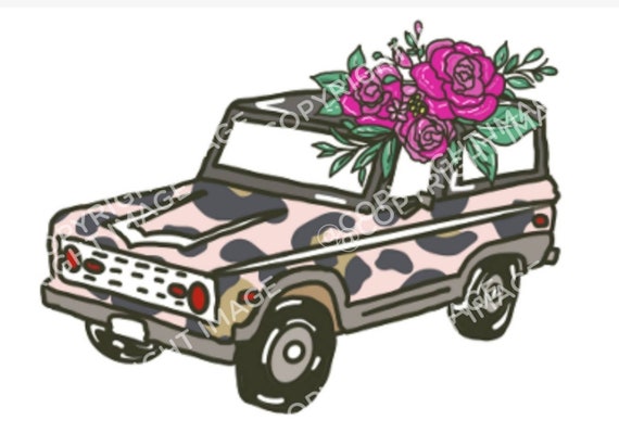 Hand drawn car with flowers illustration on transparent background