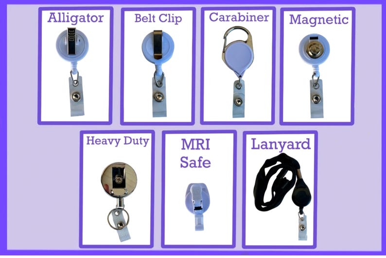 May include: A variety of retractable badge holders with different attachment styles, including alligator clip, belt clip, carabiner, magnetic, heavy duty, MRI safe, and lanyard.