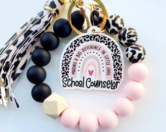 School Counselor Keychain | Counselor Wrist Keychain Holder | School Counselor Gift  | School Counselor Pink Leopard Wristlet