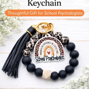 School Psychologist Wristlet Keychain, School Psych Gift, Beaded Keychain Bracelet, Leopard Wristlet, Rainbow Acrylic Charm, Teacher Appreci