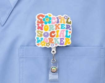 Social Worker Badge Reel, Rainbow Social Work ID Holder, Cute SW Badge Clip, Case Manager Gift, School Social Worker Badge Reel