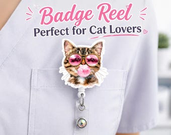 Tabby Cat Badge Reel for Nurses, Cute Cat Badge Holder, Bubblegum Kitty Retractable ID Badge Reel, Cat Lover Gift, Vet Tech Badge Reel