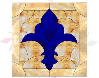 Puede incluir: Un diseño de vitral con una flor de lis azul sobre un fondo amarillo.