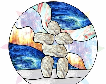 Inukshuk Stained Glass Patterns - Northern Lights - Beginner - Intermediate - Stained Glass Inukshuk - 2 patterns - Round Panel