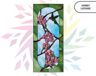 Hummingbird Pattern Stained Glass Panel Printable Pattern  Digital Download PDF Stained Glass Flower Blossom Panel