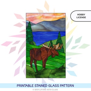 Moose Pattern Stained Glass Panel Printable Pattern  Digital Download PDF Stained Glass Moose with Landscape