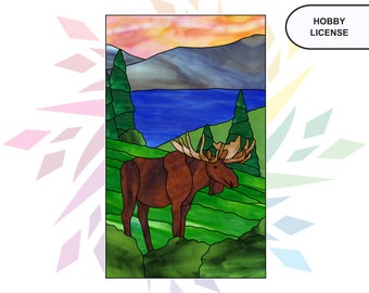 Moose Pattern Stained Glass Panel Printable Pattern  Digital Download PDF Stained Glass Moose with Landscape