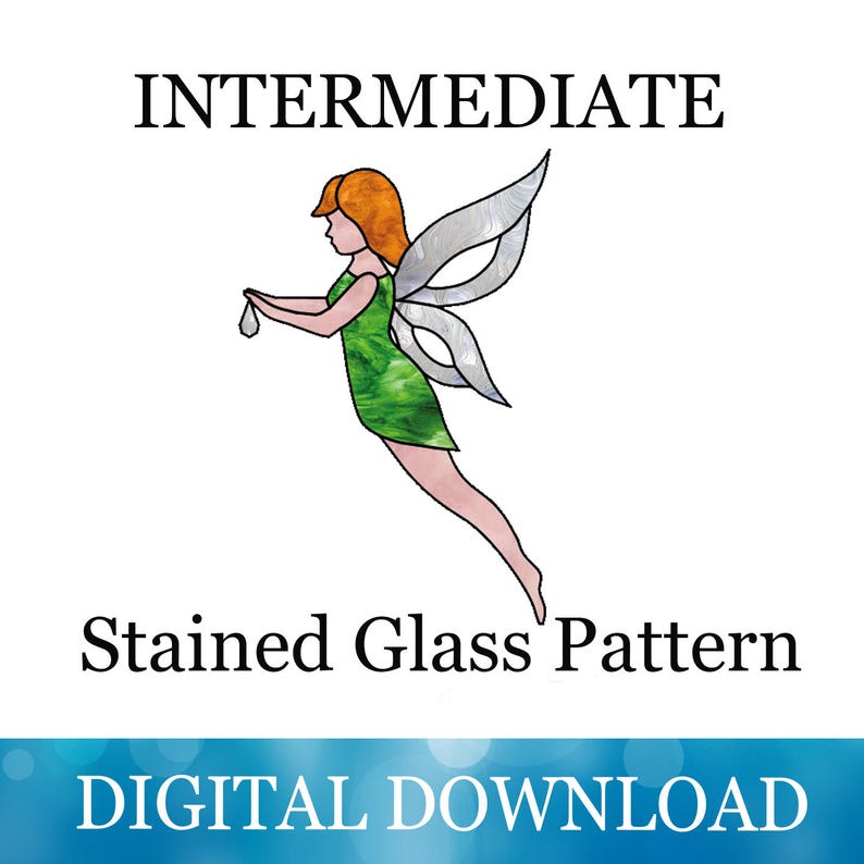 May include: A stained glass pattern of a fairy with green wings and a green dress holding a teardrop. The pattern is labelled "Intermediate" and "Stained Glass Pattern". The image also includes the text "DIGITAL DOWNLOAD".