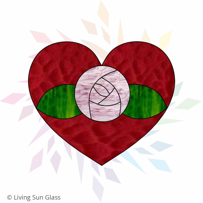 Stained Glass Heart Pattern Rose Digital Pattern Printable Download PDF Stained Glass Pattern Heart Suncatcher with Rose image 1