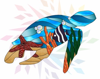 May include: A stained glass turtle with a blue, green, and orange design. The turtle is swimming in the ocean with a starfish, coral, and a black and white fish. The background is a white snowflake pattern.