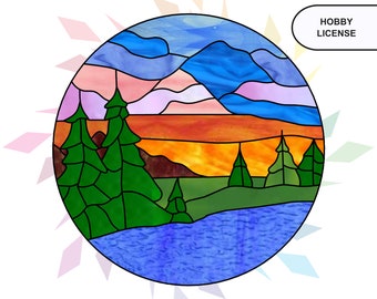 Sunset Landscape Suncatcher Stained Glass Pattern - Digital Pattern Download - Hobby License