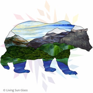 Bear Pattern Stained Glass Panel Printable Pattern  Digital Download PDF Stained Glass Bear Mountain Scene Silhouette Panel