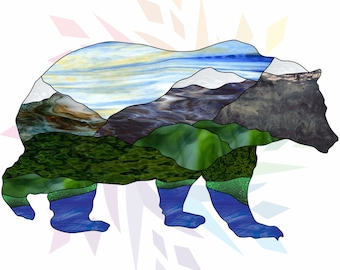 Patrón de oso Panel de vidrieras Patrón imprimible Descarga digital PDF Vidrieras Oso Montaña Escena Silueta Panel