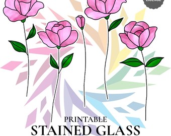 Stained Glass Wild Rose Pattern PDF – Commercial Use – Floral Suncatcher Template – Rose Pattern PDF – DIY Glass Pattern for Makers