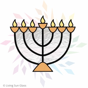 May include: A stained glass menorah with seven candles, each with a yellow flame. The menorah is black with gold accents and a white background. The menorah is surrounded by a colourful, abstract design.