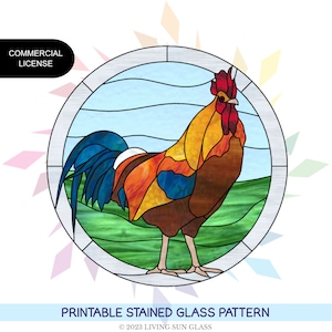 Rooster Pattern Stained Glass Panel Printable Pattern  Digital Download PDF Stained Glass Round Rooster Panel