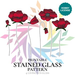 Stemmed Poppies Stained Glass Pattern – Printable Floral Suncatcher Design, Poppy Flowers DIY, Beginner to Intermediate Project