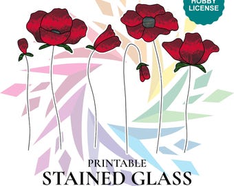 Stemmed Poppies Stained Glass Pattern – Printable Floral Suncatcher Design, Poppy Flowers DIY, Beginner to Intermediate Project