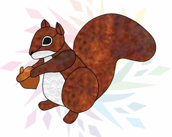 May include: A stained glass illustration of a brown squirrel holding an acorn. The squirrel is sitting on a white background with a colourful snowflake design.