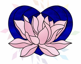 Lotus Flower Stained Glass Pattern -  Digital Download PDF - Stained Glass Heart Template