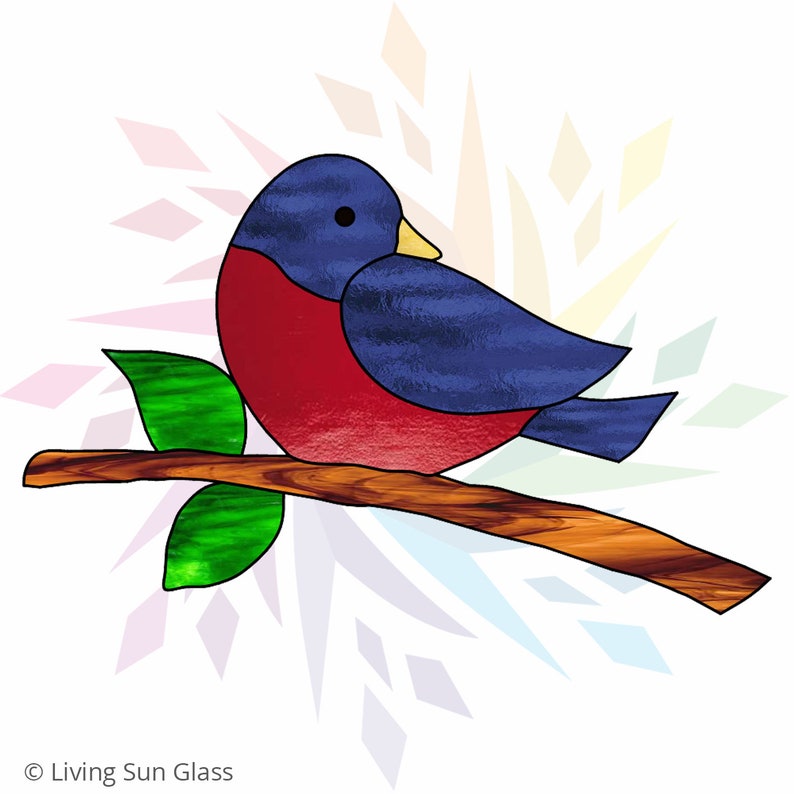May include: A stained glass bird with blue wings, a red breast, and a yellow beak perched on a brown branch with green leaves. The bird is set against a background of a colourful snowflake design.