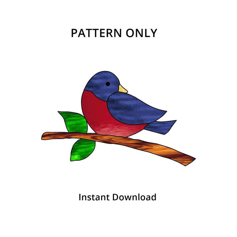 May include: A stained glass pattern of a bluebird perched on a branch with green leaves. The bird has a red breast and a yellow beak. The pattern is for a stained glass project.