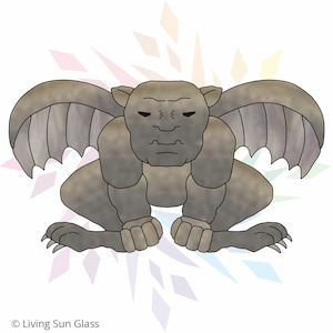 May include: A grey stone gargoyle with wings, sitting on its haunches with its paws forward. The gargoyle has a serious expression on its face. The background is a white and light blue abstract design.
