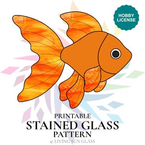May include: A vibrant orange goldfish illustration with detailed fins and tail, set against a white background. The image includes the text "Printable Stained Glass Pattern" and a "Hobby License" badge, perfect for crafting projects.