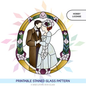 May include: A printable stained glass pattern of a couple in a stained glass arch. The couple is dressed in Victorian era clothing. The pattern is in shades of brown, blue, green, and purple.