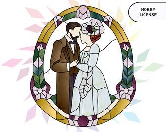 Bride & Groom Stained Glass Pattern - Regency Wedding - Rococo Wedding Design - Digital Pattern Download -